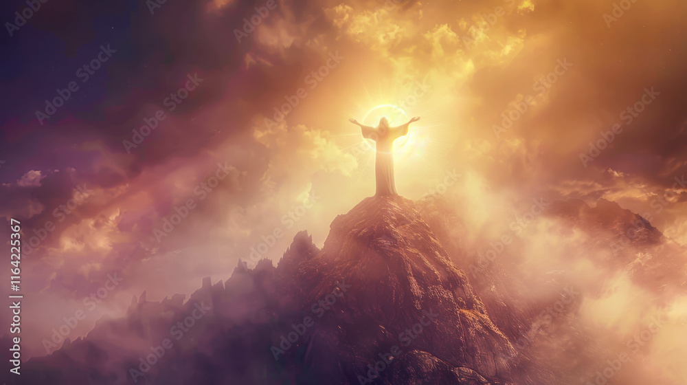 Jesus stands on a mountaintop with his arms outstretched, surrounded by a glowing white halo, the landscape below shrouded in mist. The sky above him is bright, with golden and purple tones. Jesus stands on a mountaintop with his arms outstretched, surrounded by a glowing white halo, the landscape below shrouded in mist. The sky above him is bright, with golden and purple tones.