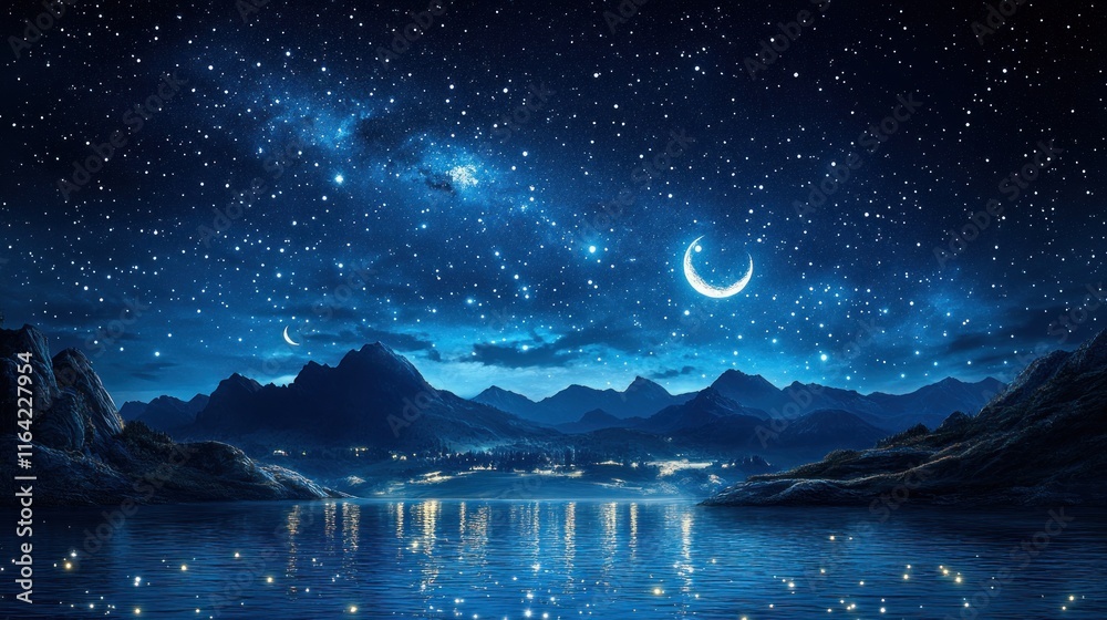 Fototapeta premium A serene night landscape featuring mountains, a lake, and a starry sky with a crescent moon.