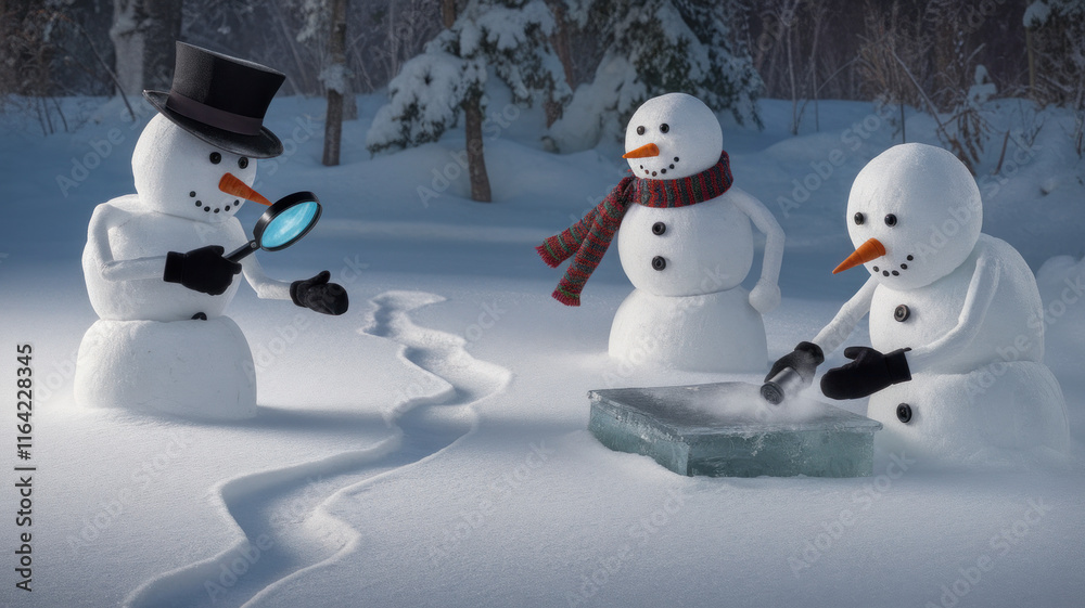 Snowmen Investigating Winter Clues with Magnifying Glasses Snowmen Investigating Winter Clues with Magnifying Glasses