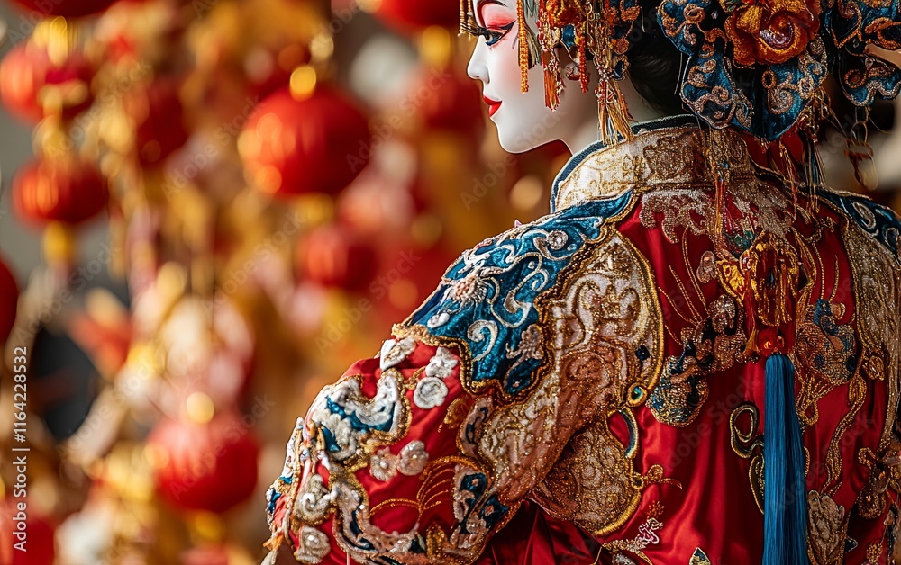 A close-up shot highlights the intricate details of a dancer's traditional costume during a Chinese New Year performance, festive decorations, cultural celebrations in China, Asian countries A close-up shot highlights the intricate details of a dancer's traditional costume during a Chinese New Year performance, festive decorations, cultural celebrations in China, Asian countries