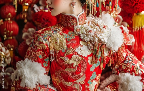 A close-up shot highlights the intricate details of a dancer's traditional costume during a Chinese New Year performance, festive decorations, cultural celebrations in China, Asian countries