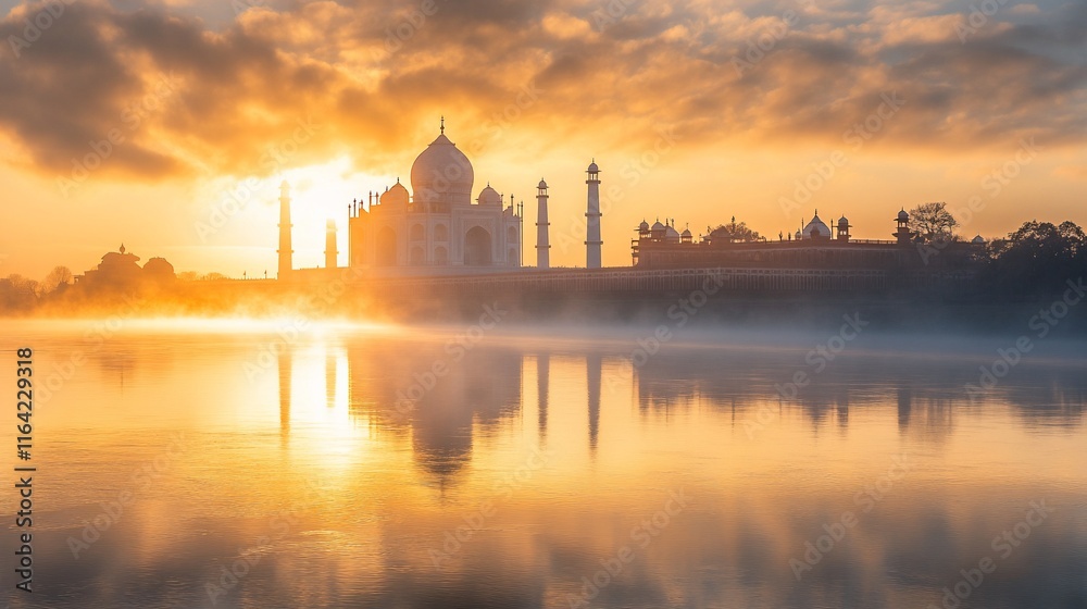 Fototapeta premium Sunrise over Taj Mahal reflected in foggy river.