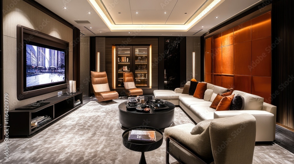 Fototapeta premium Elegant Modern Living Room with Stylish Decor and Cozy Atmosphere