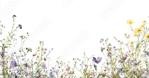 White background with a border of wild flowers, in shades of purple, yellow, and green. The white space in the middle is suitable for text. Pastel colors, detailed, hand-painted, beautiful, elegant,