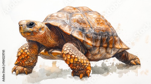 A detailed watercolor painting of a large tortoise, showcasing its textured shell and powerful legs against a white background. photo