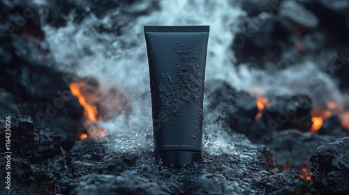 A black body lotion tube sits in the middle of a hot lava zone, but the periphery of the product freezes and cools off rapidly, and steam fumes rise around the ice. 