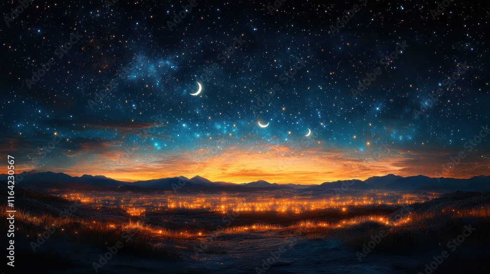 A serene night sky with stars and a glowing horizon over a distant landscape. A serene night sky with stars and a glowing horizon over a distant landscape.