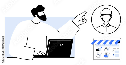 Business professional pointing at virtual avatar while working on laptop and viewing online storefront. Ideal for eCommerce, online meetings, digital marketing, virtual interactions, remote work