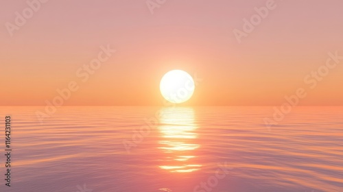 Calm ocean sunset with a large, bright sun reflecting on the water.
