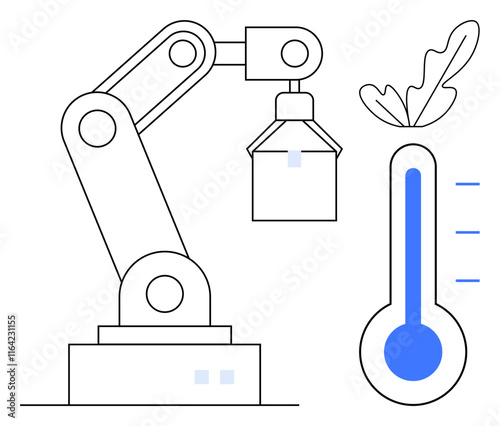 Robotic arm with gripping mechanism lifting an item, accompanied by a thermometer showing temperature levels and a leaf. Ideal for automation, industry, efficiency, technology, climate control