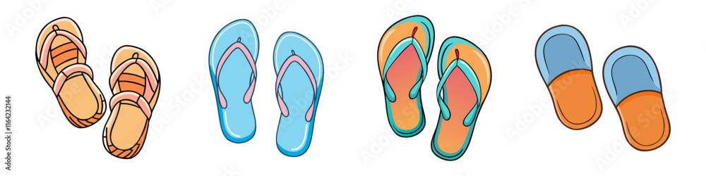 Illustration of Sandals, Flip-Flops, and Slippers - A vector illustration displaying four casual footwear styles: strappy sandals, flip-flops, and cozy slippers in colorful designs for everyday wear.
