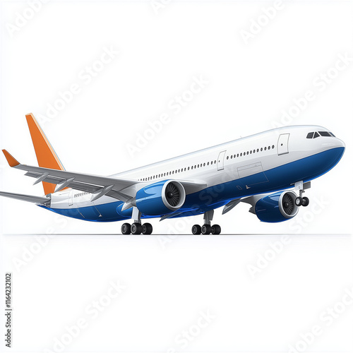 Avião azul e branco com cauda laranja decolando