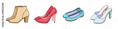 Illustration of Women's Heels and Flats - A vector illustration showcasing four types of women's footwear: ankle boots, high heels, ballet flats, and slip-on mules in pastel tones.