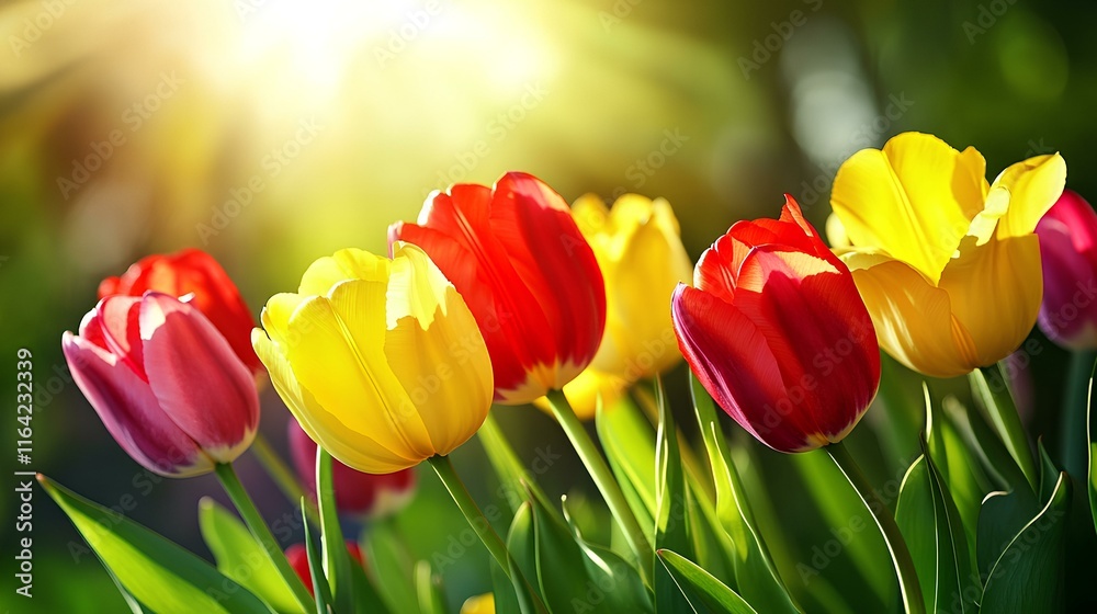 Fototapeta premium Springtime garden of red and yellow tulips under a golden sunset, making a captivating floral banner. Copy space.