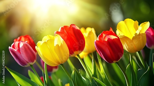 Springtime garden of red and yellow tulips under a golden sunset, making a captivating floral banner. Copy space.