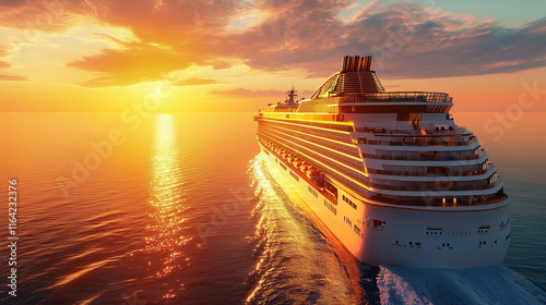 Cruzeiro de luxo navegando ao pôr do sol em mar calmo