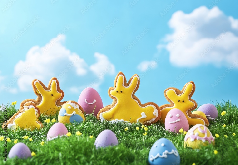 Fototapeta premium Colorful Easter Bunny Cookies and Decorated Eggs on Grass with Blue Sky and Clouds for Festive Spring Celebrations and Holiday Treats