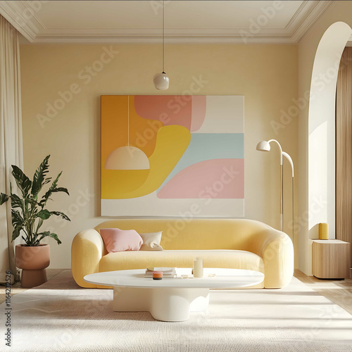 ultra realistic living room pastel colors cool vibes modern eclectic minimal with a white mockup canvas 32 ratio photo