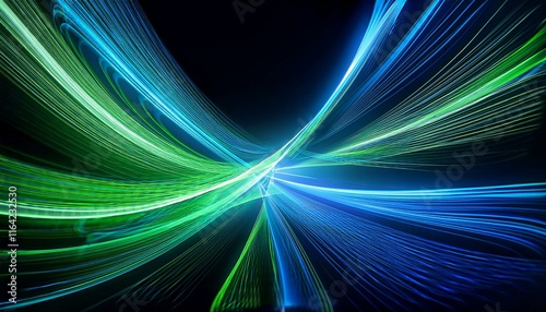 Cool greens and blues forming dynamic, intertwined ribbons of light across a dark scene, evoking a sense of flow and energy.