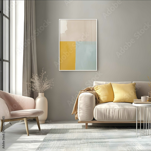 Bright modern interior with a soft color palette of gray mustard yellow and soft blue accents An A4sized poster in a white frame is prominently displayed at an angle o photo