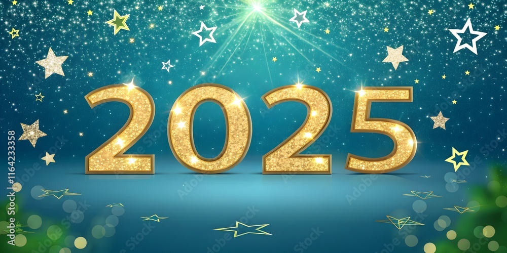 Sparkling golden numbers 2025 shine and a festive green background filled with shimmering stars and glitter during. The golden digits 2025 sparkle brightly among green background Sparkling golden numbers 2025 shine and a festive green background filled with shimmering stars and glitter during. The golden digits 2025 sparkle brightly among green background