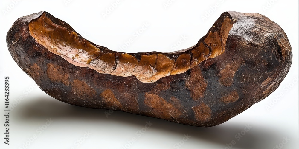 A unique, textured object resembling a large seed pod with an intricate, dark exterior and a hollow interior, highlighting natural forms and organic shapes. A unique, textured object resembling a large seed pod with an intricate, dark exterior and a hollow interior, highlighting natural forms and organic shapes.
