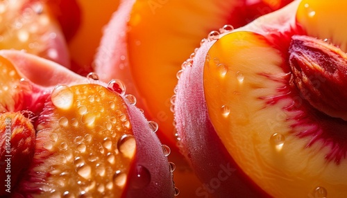 Close-up macro photography of a freshly sliced peach, highlighting the soft fuzz and vibrant orange tones of the fruit.