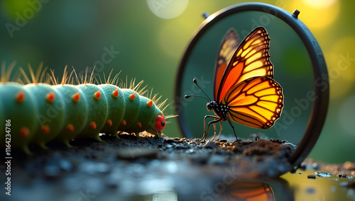 Caterpillar looking at a butterfly reflection in a mirror.
