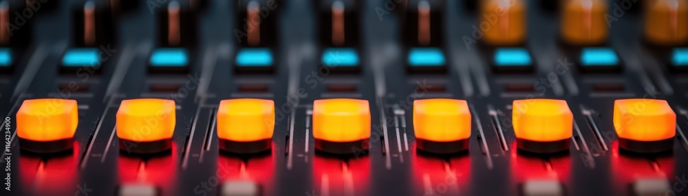A close-up view of a sound mixer featuring colorful buttons and sliders, emphasizing the equipment used in audio production and mixing. A close-up view of a sound mixer featuring colorful buttons and sliders, emphasizing the equipment used in audio production and mixing.
