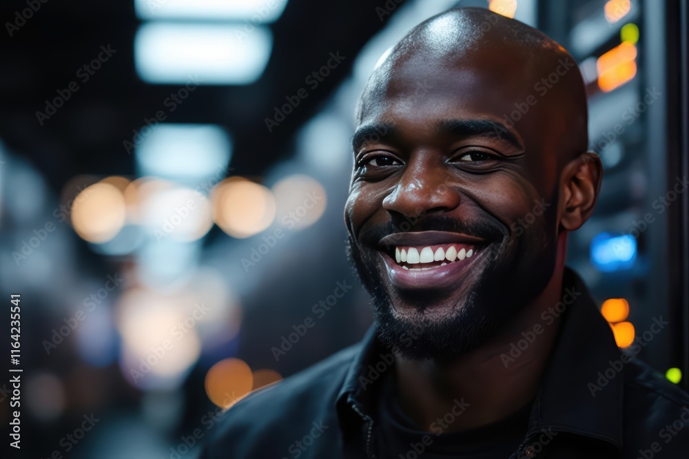 Close portrait of a smiling 40s Gabonese male IT worker looking at the camera, against dark server room blurred background. Close portrait of a smiling 40s Gabonese male IT worker looking at the camera, against dark server room blurred background.