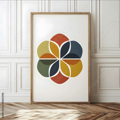 A minimalist midcentury modern wall art print with a symmetrical circular design of colorful petallike shapes radiating outward The colors include muted tones deep nav photo