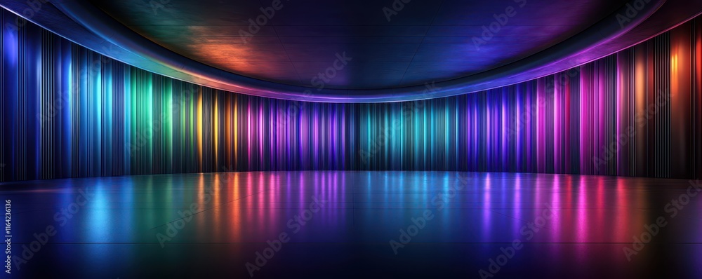 A vibrant, illuminated space featuring colorful, vertical light streaks reflecting off a glossy floor, creating a captivating atmosphere. A vibrant, illuminated space featuring colorful, vertical light streaks reflecting off a glossy floor, creating a captivating atmosphere.