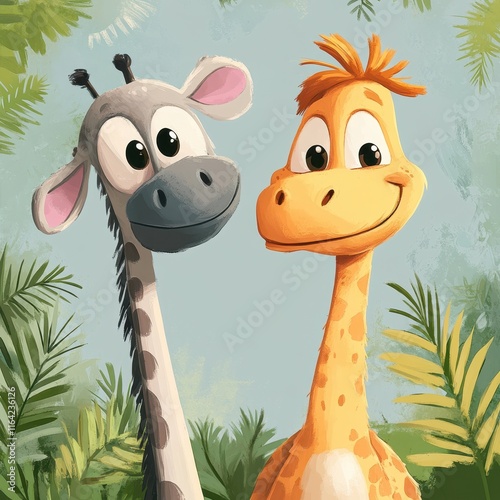 Two Adorable Giraffes Smiling In Tropical Foliage