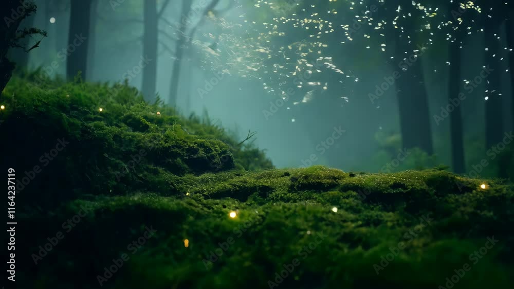 Magical glowing mushrooms in a dense forest with green light. Fantasy and nature concept.