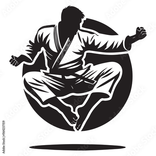 Judo Silhouette Vector Illustration, Solid White Background.