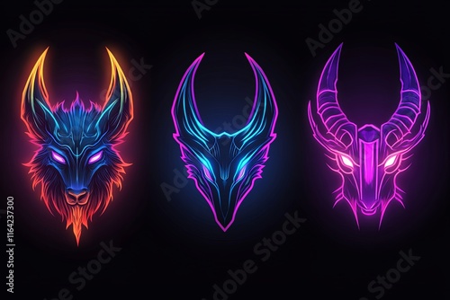 Three neon-glowing mythical creature heads; wolf, dragon, and goat, in vibrant colors on a black background. photo