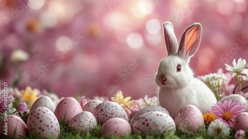 Cute white rabbit sitting among pastel-colored eggs and flowers in a spring l...