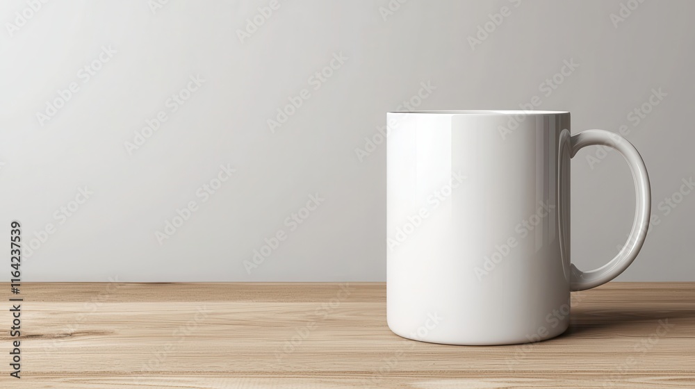 White Ceramic Mug on a Wooden Table with Minimalistic Background for Coffee or Tea Display in a Bright Interior Setting White Ceramic Mug on a Wooden Table with Minimalistic Background for Coffee or Tea Display in a Bright Interior Setting
