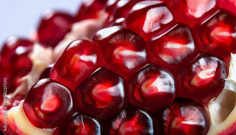 Macro shot emphasizing the intricate textures, vibrant red seeds, and glossy finish inside a pomegranate.