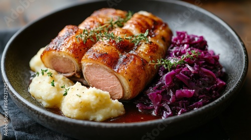 Savory roast with mashed potatoes and red cabbage served on a black plate