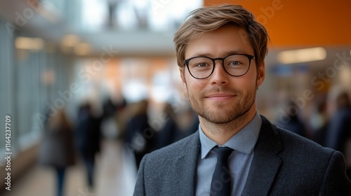 Professional man smiling in a modern office environment during a busy workday
