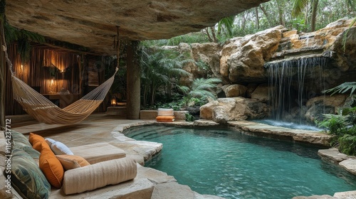 Cozy indoor oasis with a hammock and a serene swimming pool surrounded by lus...