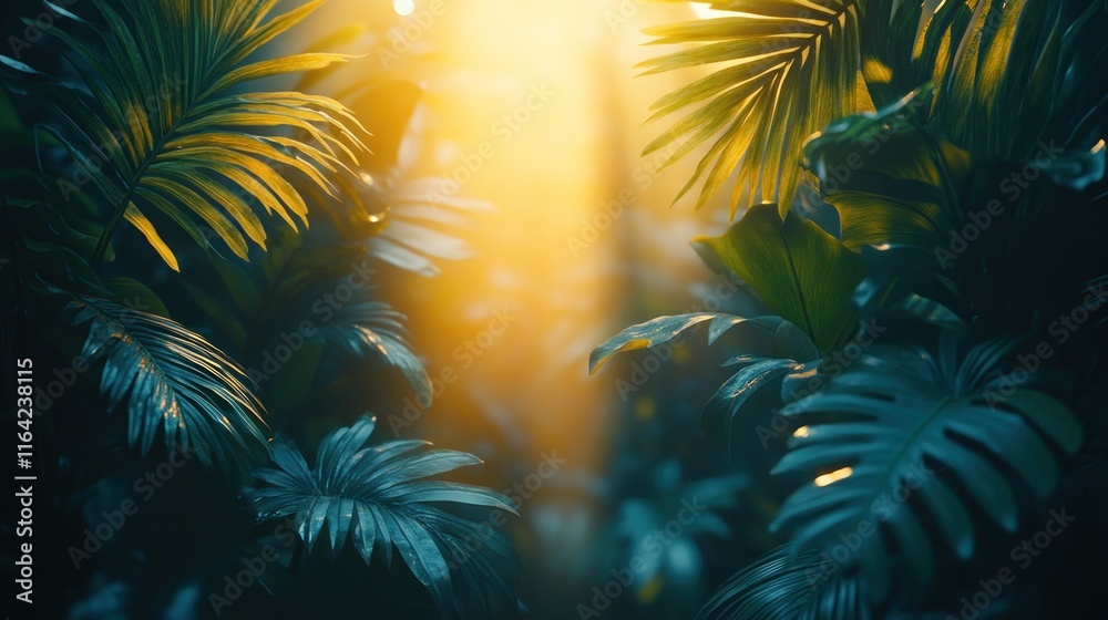 Sunbeams through lush tropical foliage.