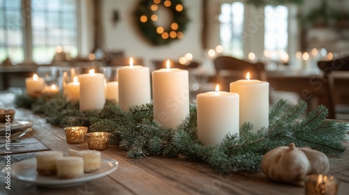 Elegant holiday table setting with candles and greenery creating a warm atmos...