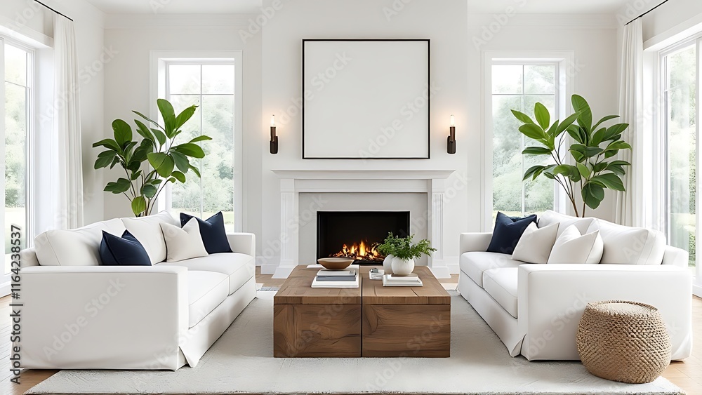 Fototapeta premium Art deco interior design of modern living room with fireplace.