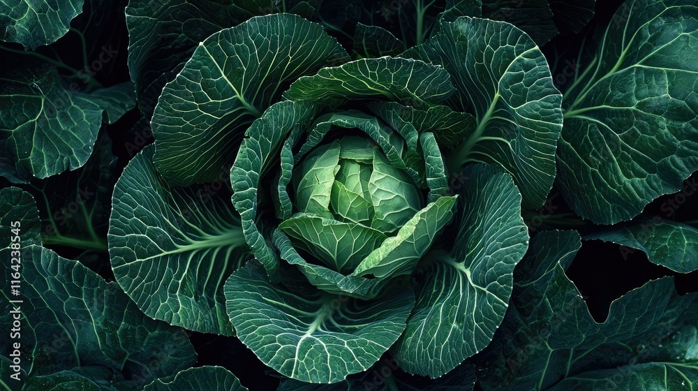 Obraz premium Fresh Cabbage in Garden Bed Surrounded by Green Leaves and Foliage