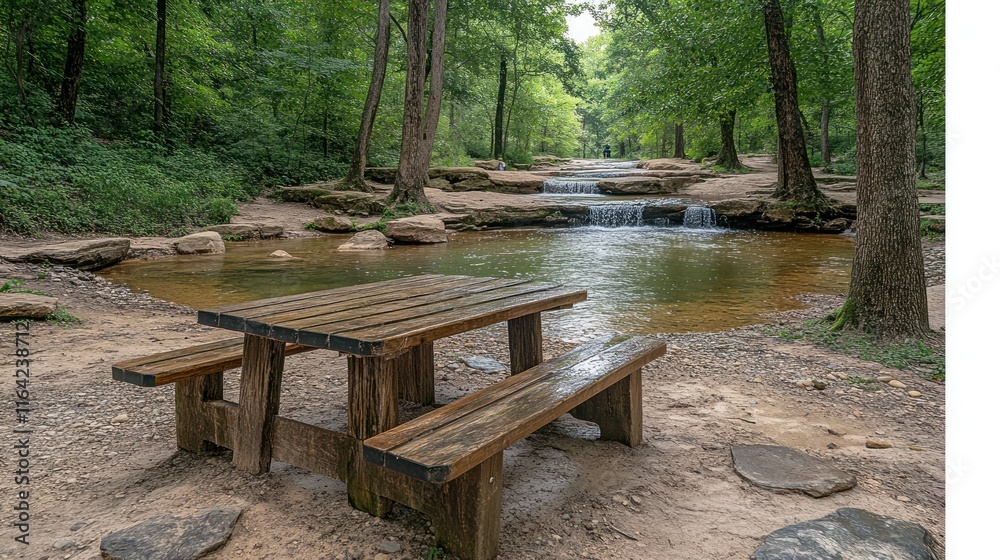 A serene picnic area by a flowing stream in a lush green forest. A serene picnic area by a flowing stream in a lush green forest.