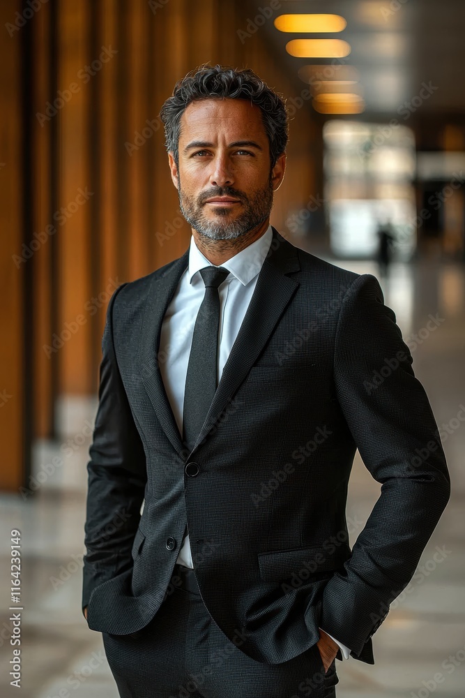 Confident Hispanic man in a suit poses elegantly in a modern office setting. Confident Hispanic man in a suit poses elegantly in a modern office setting.