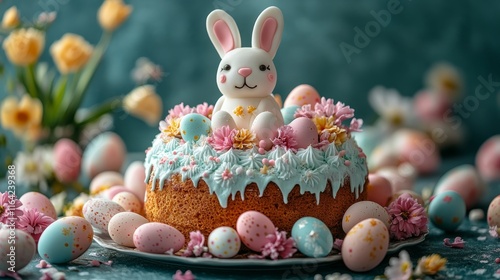 Decorative mint green bunny surrounded by pastel eggs and flowers for spring ...