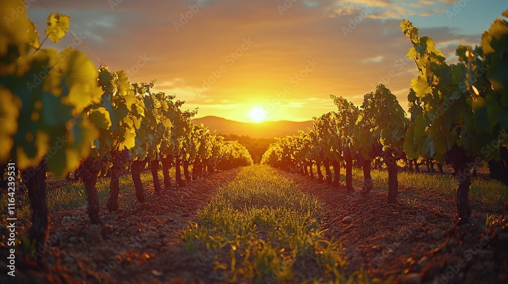 Naklejka premium Golden sunset over vineyard rows during harvest season in the countryside